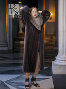 Vintage mink fur coat with pale fox-fur collar, arms raised, full-length front view.