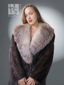 Vintage mink fur coat with plush light gray fox fur collar, front view