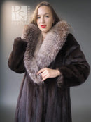 Vintage mink fur coat with pale fox-fur collar, front close-up framing the face.