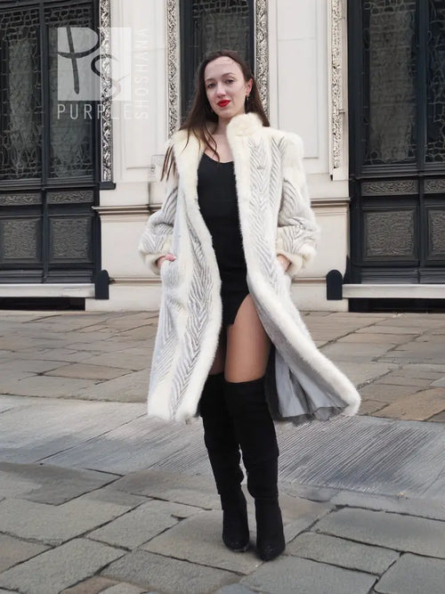 Full-length mink coat in light cream with chevron herringbone pattern and fur collar