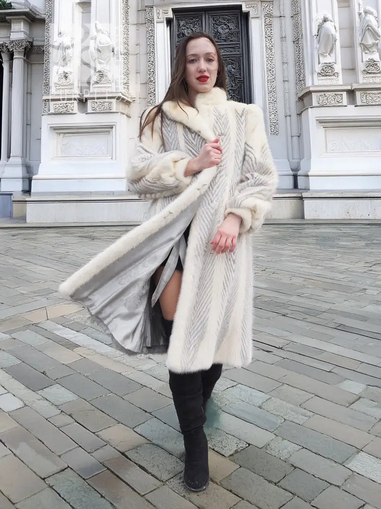 Full-length chevron mink coat in ivory with long sleeves and side slit