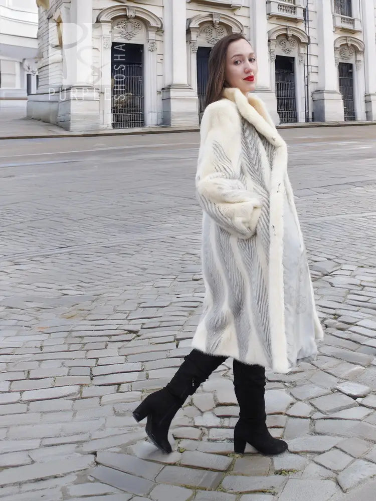 Full-length mink coat in light cream with chevron herringbone pattern and fur collar, front view