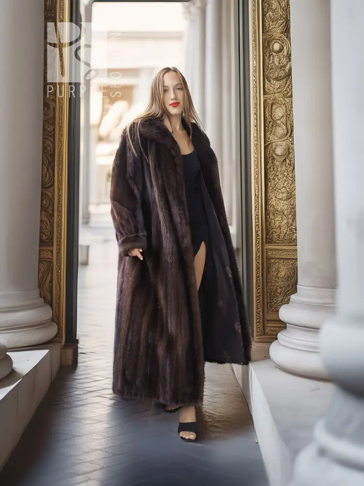 Full-length mahogany mink fur coat with open front and soft, textured fur.