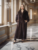 Long mahogany mink fur coat with standing/wide collar and open front, long silhouette
