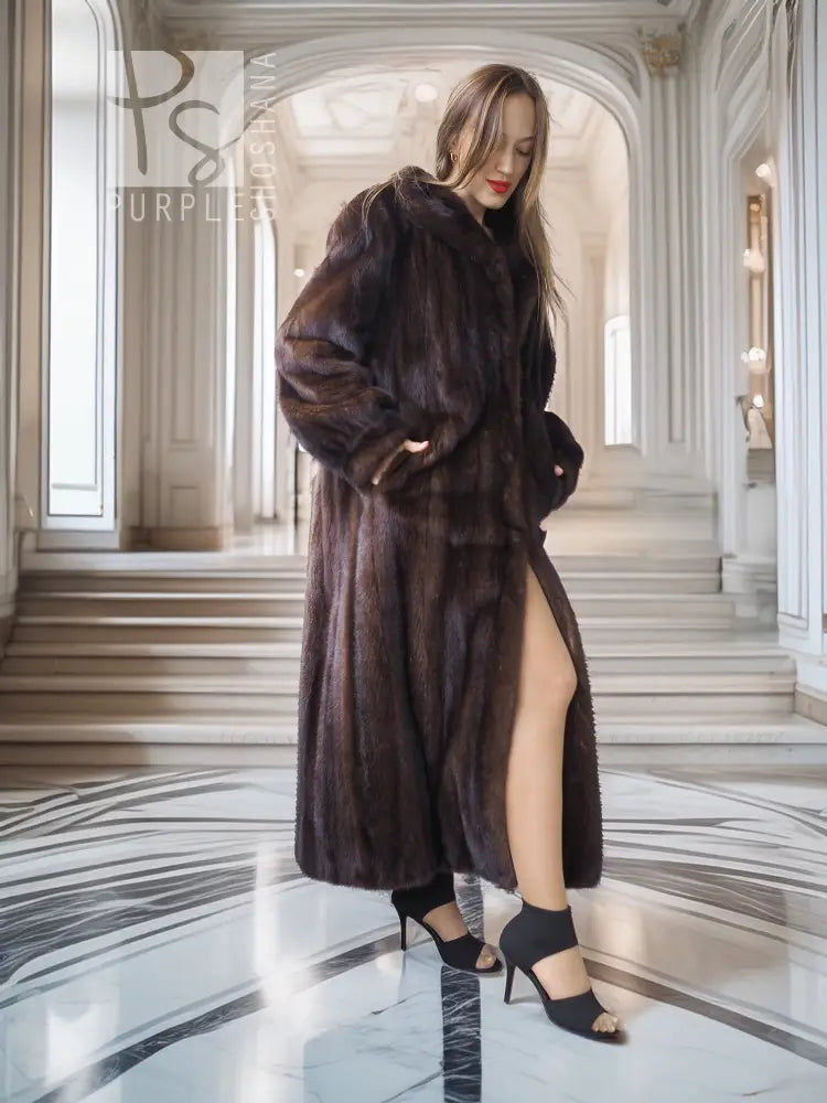 Long mink fur coat in dark mahogany brown, full-length with wide sleeves