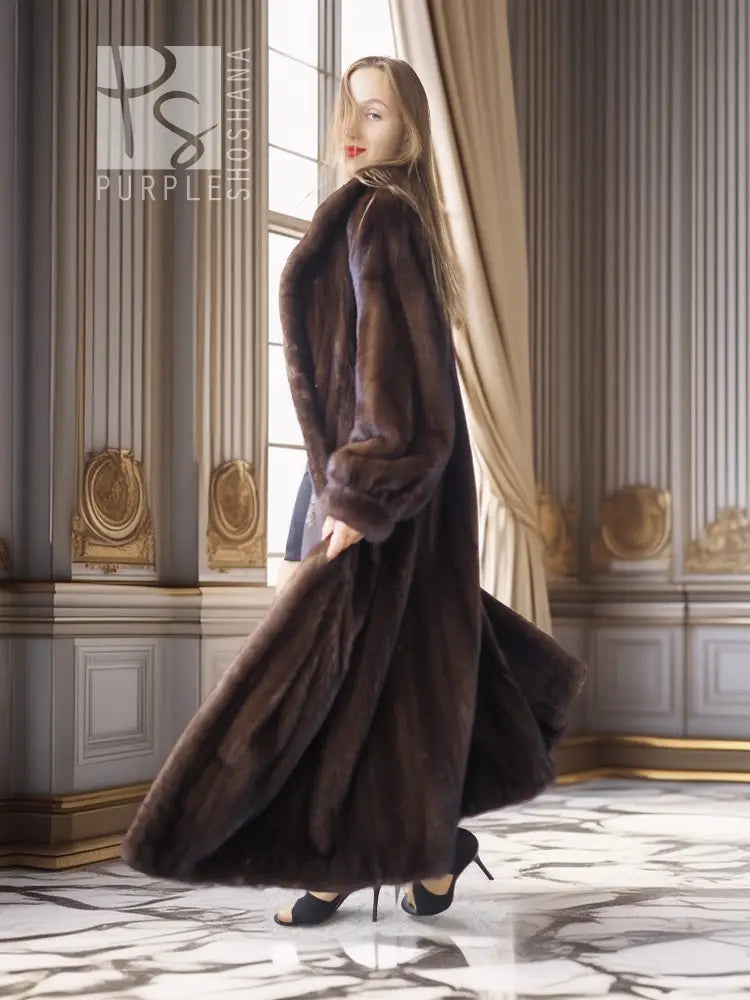 Long mink fur coat in dark brown, front profile with long sleeves and draped skirt