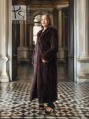 Long mahogany mink fur coat with shawl collar and long sleeves, relaxed A-line fit