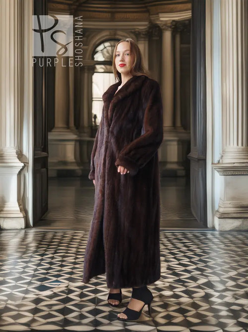 Long mahogany mink fur coat with shawl collar and long sleeves, relaxed A-line fit