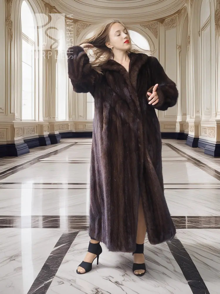 Long mink fur coat in dark brown, front view with open wrap styling