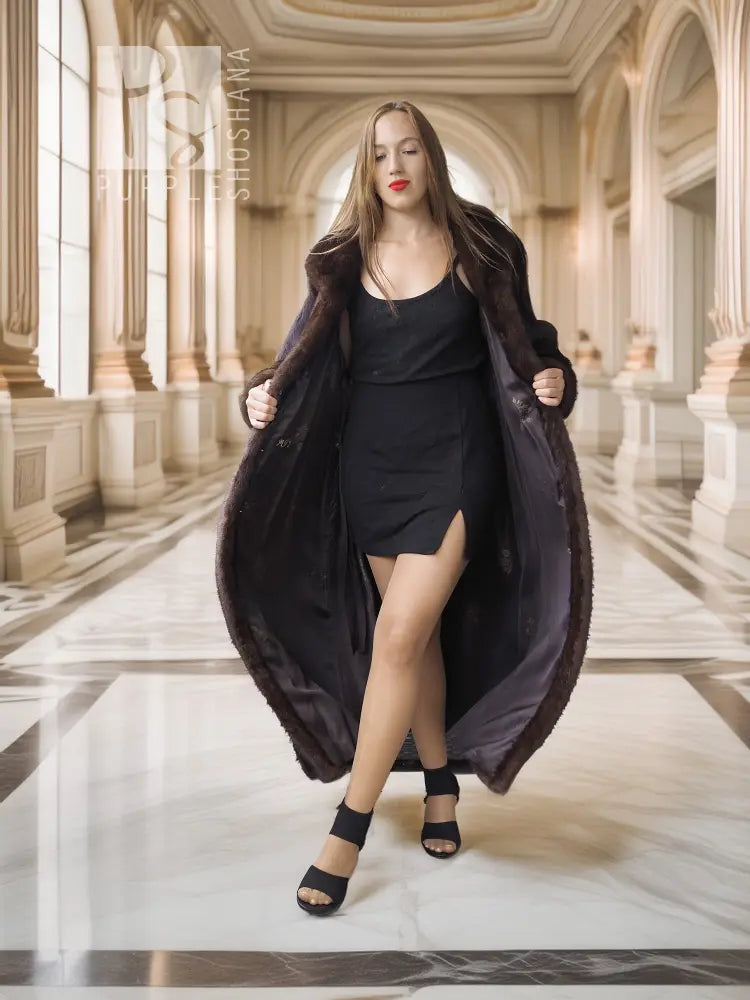 Long mink fur coat with open front and flowing wide sleeves, dark mahogany tone.