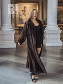 Long mahogany mink fur coat with lapel-like collar and open front, full sleeves