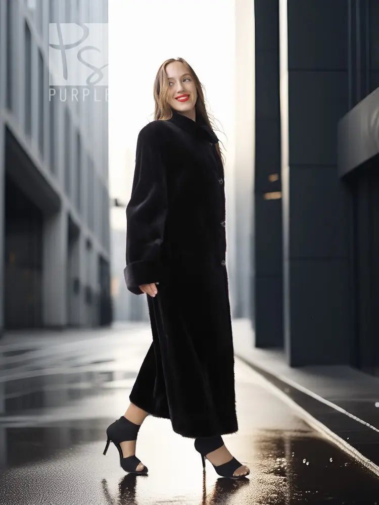 Reversible sheared mink coat in dark black with button-front and standing collar, standing profile.
