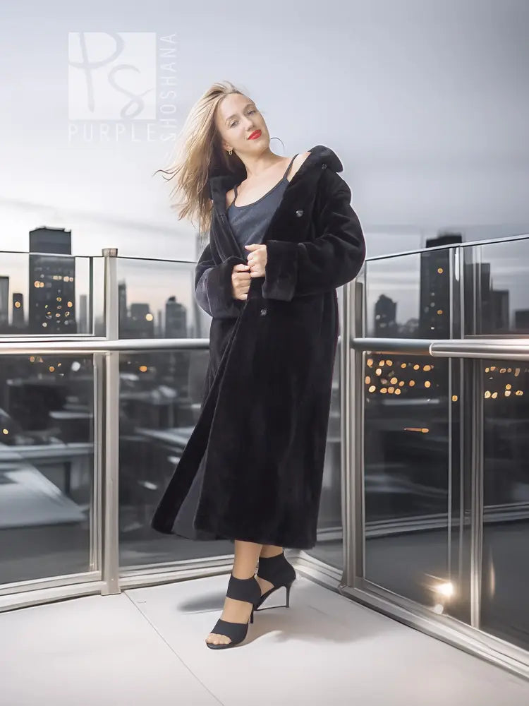 Black reversible sheared mink coat, draped lapels with wide sleeves