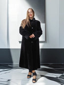 Reversible sheared mink coat, black, long button-front with stand collar