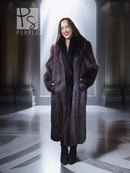 Long beaver fur coat with fox-fur collar and cuffs, buttoned front, full-length style.