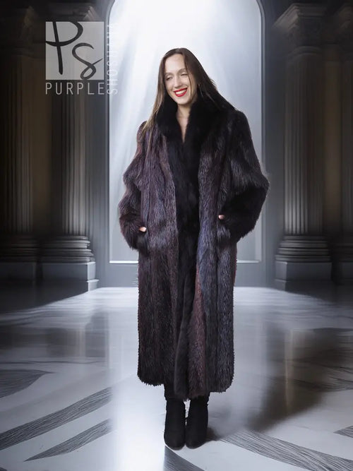 Long beaver fur coat with fox-fur collar and cuffs, buttoned front, full-length style.