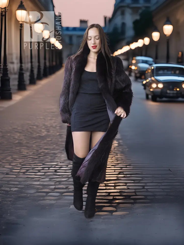 Long dark fur coat draped over a short black dress, worn with tall boots