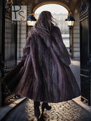 Back view of a long dark fur coat with full, flared skirt and tall boots