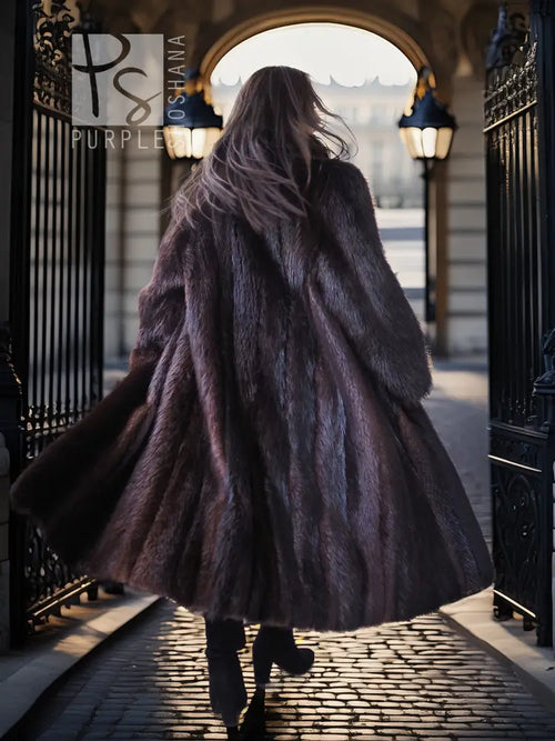 Back view of a long dark fur coat with full, flared skirt and tall boots