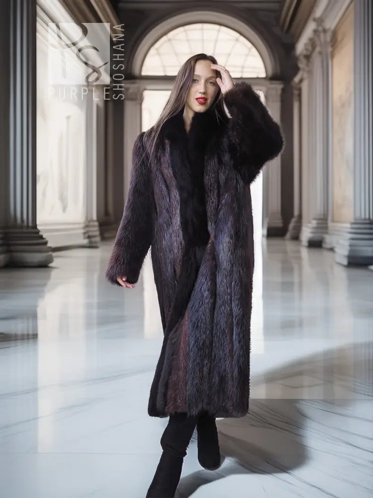 Long-haired beaver fur coat with fox trim, dark longline coat with wide sleeves