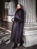 Long-haired beaver fur coat with fox trim, dark long coat with open front