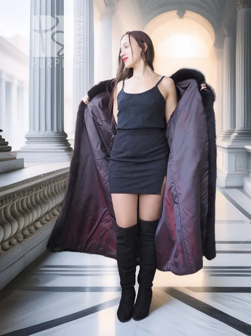 Long-haired beaver fur coat with fox trim, dark coat draped over shoulders