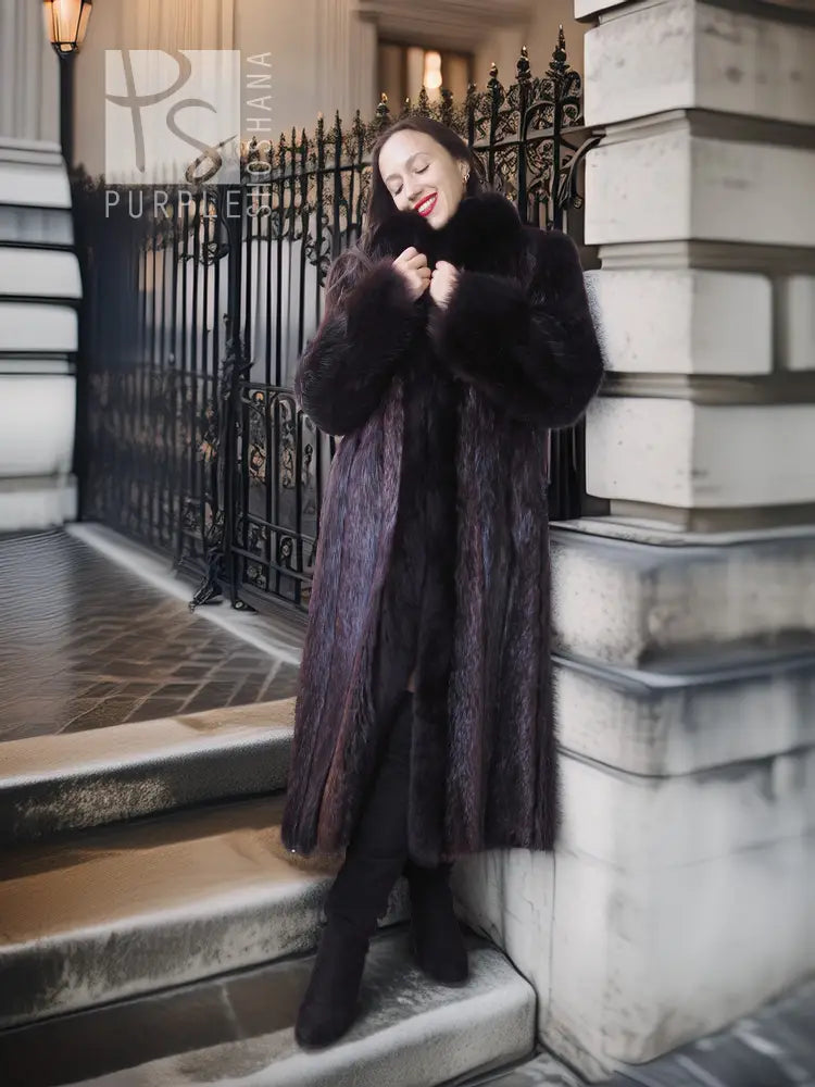 “The Duchess Nocturne”– Long Haired Beaver Fur Coat with Luxe Fox Trim