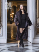 Long-haired beaver fur coat with fox trim, dark long coat, open front and sleeves