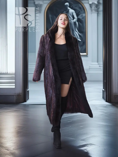 Long-haired beaver fur coat with fox trim, dark long coat with fur collar
