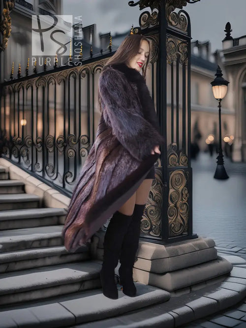 Dark long fur coat with oversized sleeves and plush trim, styled over a short dress