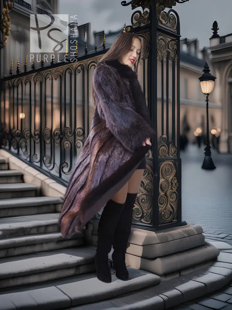 Dark long fur coat with oversized sleeves and plush trim, styled over a short dress