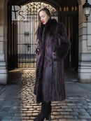 Long-haired beaver fur coat with fox trim, dark long coat with full fur hood