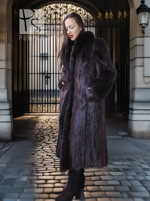 Long-haired beaver fur coat with fox trim, dark long coat with full fur hood