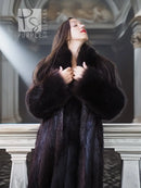 Long-haired beaver fur coat with fox trim, dark plush fur collar and cuffs