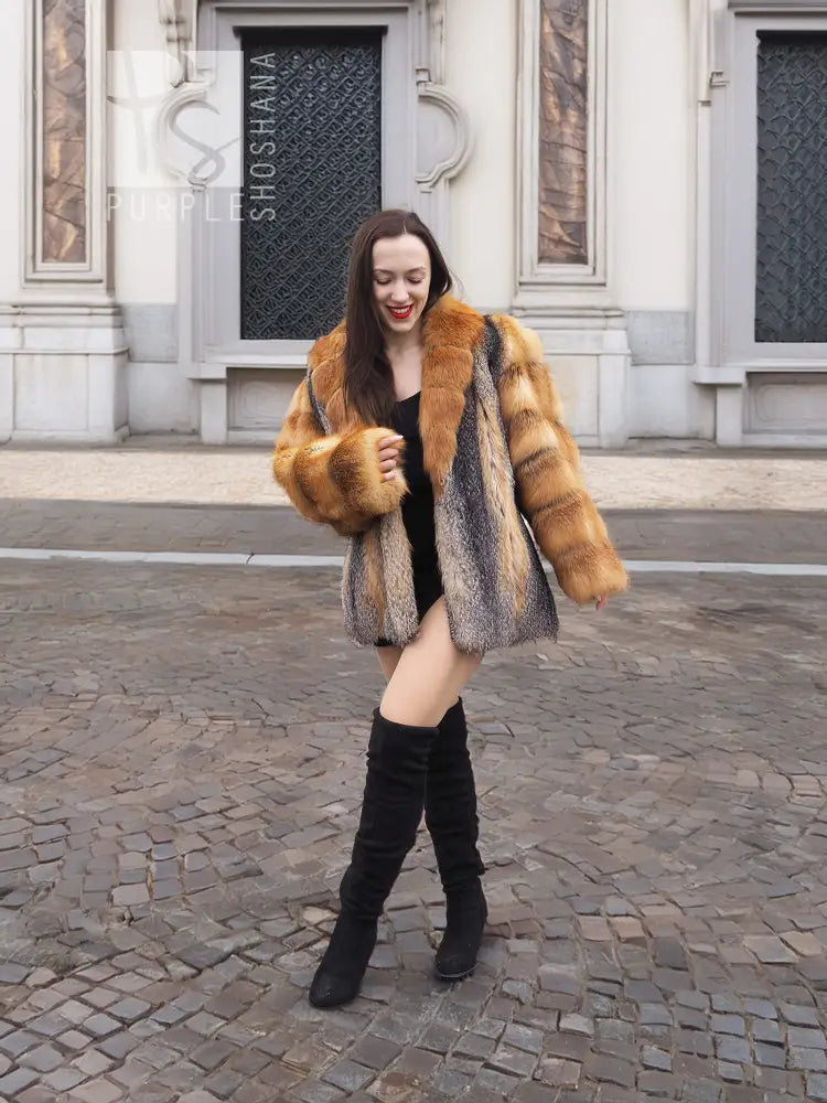 Short orange and grey fur jacket with wide collar and textured plaid stripes.