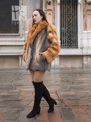 Fur jacket with orange and grey plaid panels, front view with open collar.