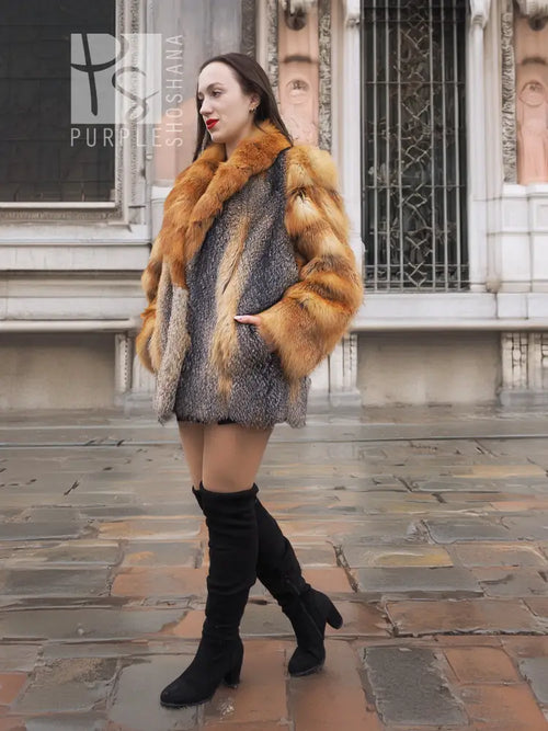 Fur jacket with orange and grey plaid panels, front view with open collar.