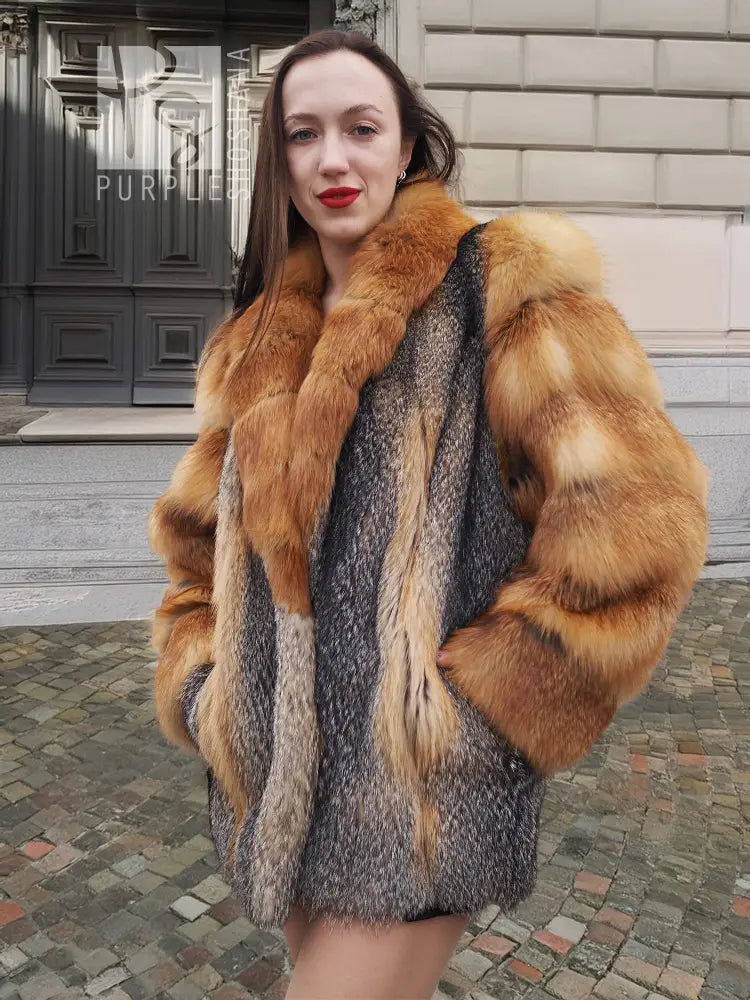 Fox-fur style jacket with orange-brown outer fur, gray center stripe, and plush collar.