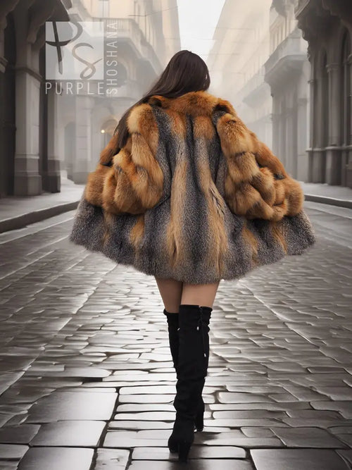 Back view of orange-and-grey fur jacket with full, rounded sleeves.