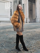 Fox-fur style jacket in orange-brown and gray, full length view with plush collar and cuffs.