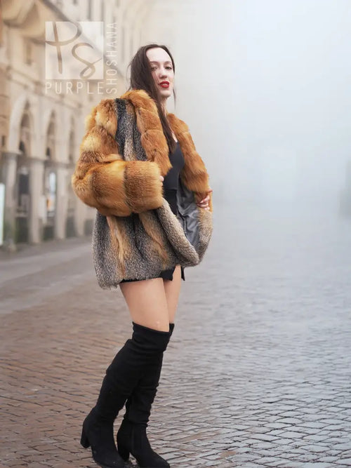 Two-tone fox fur jacket with orange-red sleeves and grey torso, open front