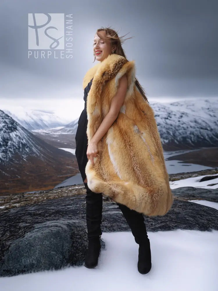 Faux fur vest with sculpted collar, golden tan, open front