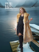 Red fox fur vest with sculpted collar, golden-brown fur, sleeveless long length