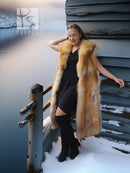 Red fox fur vest with sculpted collar, golden-brown fur, long straight hem