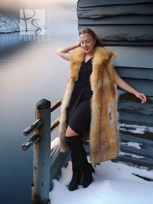 Red fox fur vest with sculpted collar, golden-brown fur, long straight hem