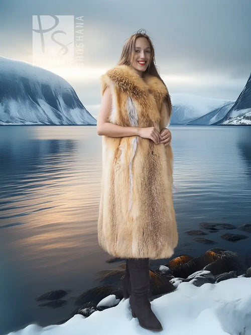 Red fox fur longline vest with sculpted collar, sleeveless, draped front