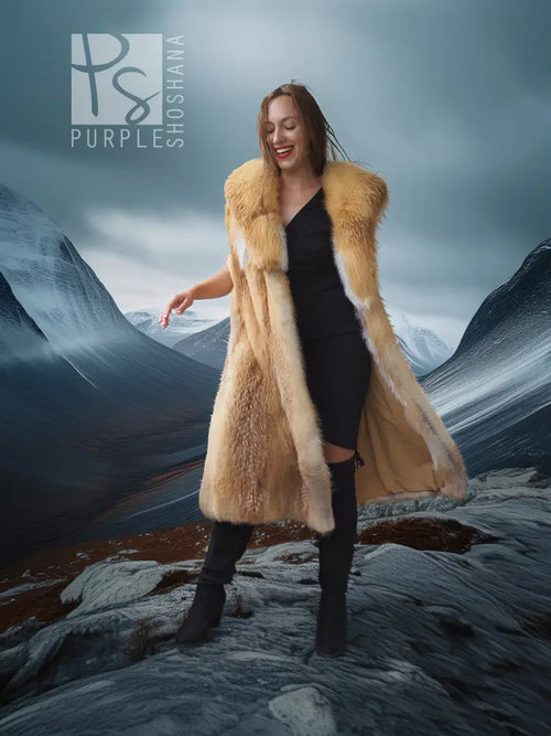 Faux fur vest with wide sculpted collar, golden tan, sleeveless