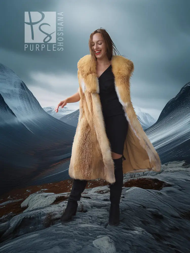Faux fur vest with wide sculpted collar, golden tan, sleeveless