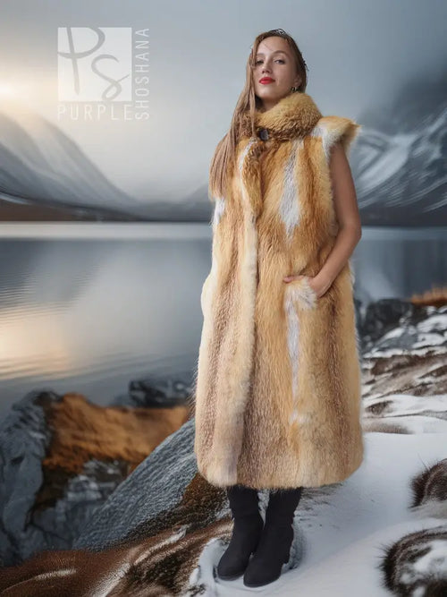 Red fox fur vest with sculpted collar, golden-brown fur, sleeveless front