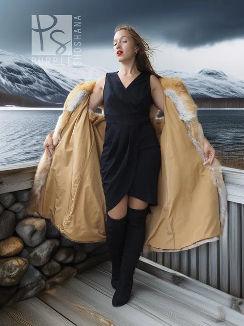 Red fox fur vest with sculpted collar, sleeveless, flared hem over dark dress